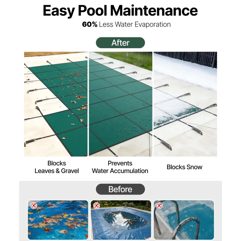 VEVOR Inground Pool Safety Cover, 18 ft x 34 ft Rectangular Winter Pool Cover with Left Step, Triple Stitched, High Strength Mesh PP Material, Good Rain Permeability, Installation Hardware Included