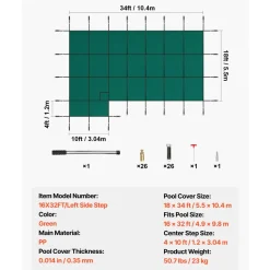 VEVOR Inground Pool Safety Cover, 18 ft x 34 ft Rectangular Winter Pool Cover with Left Step, Triple Stitched, High Strength Mesh PP Material, Good Rain Permeability, Installation Hardware Included