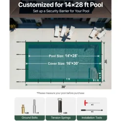 VEVOR Inground Pool Safety Cover, 16 ft x 30 ft Rectangular Winter Pool Cover, Triple Stitched, High Strength Mesh PP Material with Good Rain Permeability, Installation Hardware Included, Green