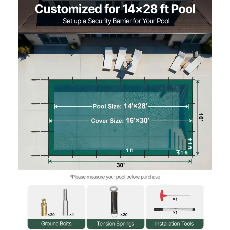 VEVOR Inground Pool Safety Cover, 16 ft x 30 ft Rectangular Winter Pool Cover, Triple Stitched, High Strength Mesh PP Material with Good Rain Permeability, Installation Hardware Included, Green