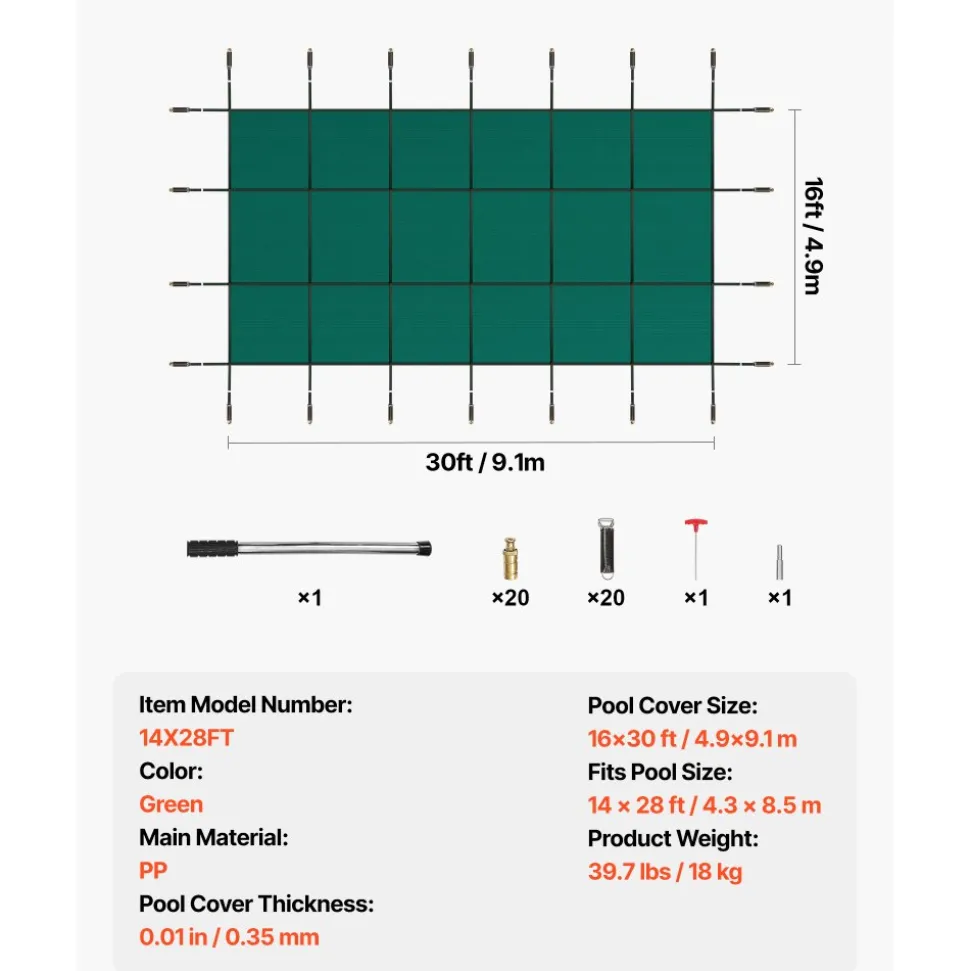 VEVOR Inground Pool Safety Cover, 16 ft x 30 ft Rectangular Winter Pool Cover, Triple Stitched, High Strength Mesh PP Material with Good Rain Permeability, Installation Hardware Included, Green