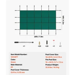 VEVOR Inground Pool Safety Cover, 14 ft x 26 ft Rectangular Winter Pool Cover, Triple Stitched, High Strength Mesh PP Material with Good Rain Permeability, Installation Hardware Included, Green