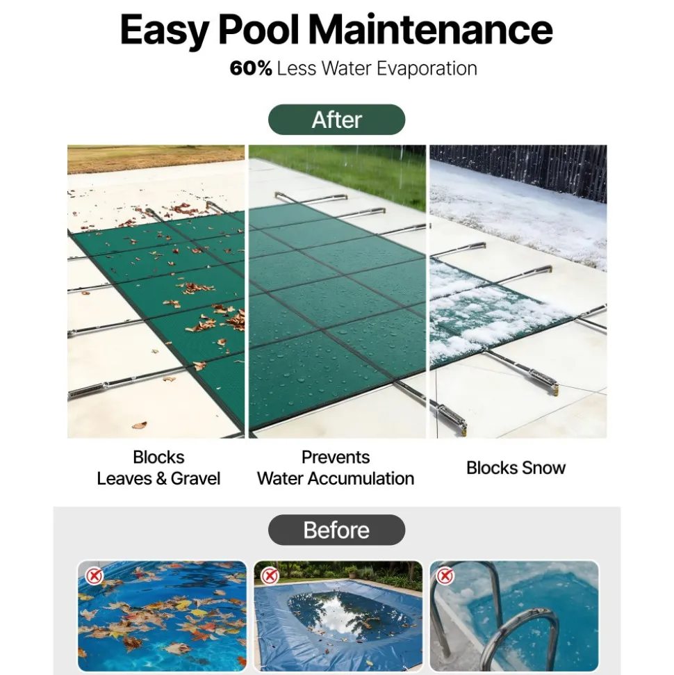 VEVOR Inground Pool Safety Cover, 14 ft x 26 ft Rectangular Winter Pool Cover, Triple Stitched, High Strength Mesh PP Material with Good Rain Permeability, Installation Hardware Included, Green