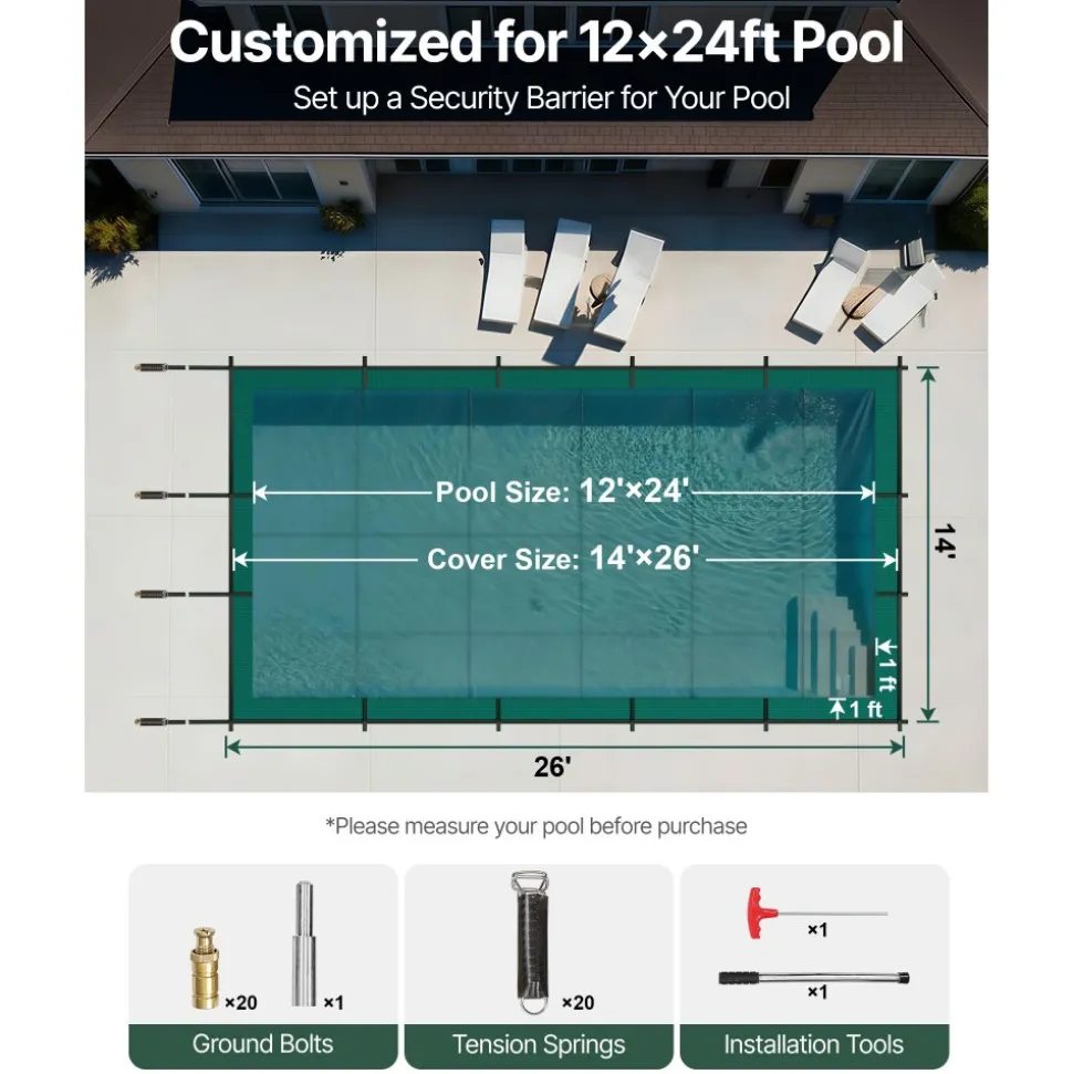VEVOR Inground Pool Safety Cover, 14 ft x 26 ft Rectangular Winter Pool Cover, Triple Stitched, High Strength Mesh PP Material with Good Rain Permeability, Installation Hardware Included, Green