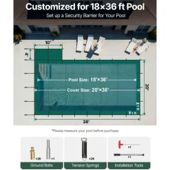 VEVOR Inground Pool Safety Cover, 20 ft x 38 ft Rectangular Winter Pool Cover with Right Step, Triple Stitched, High Strength Mesh PP Material, Good Rain Permeability, Installation Hardware Included