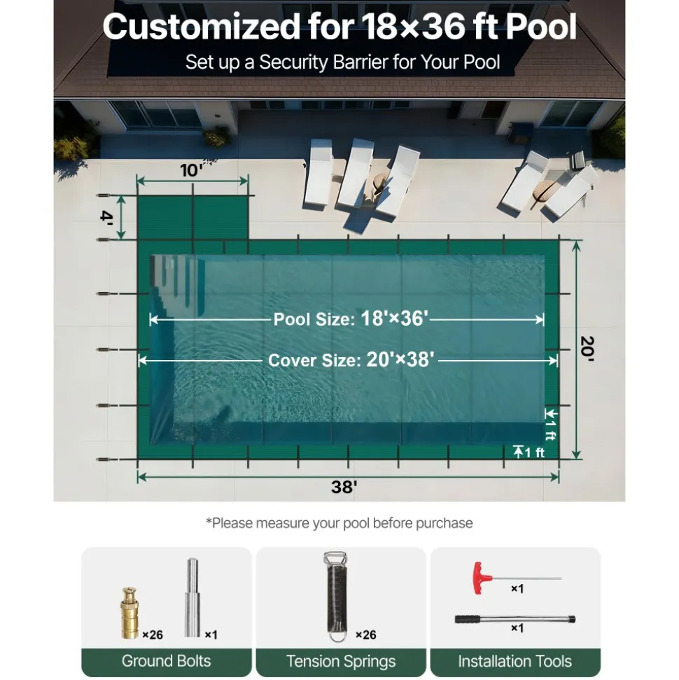 VEVOR Inground Pool Safety Cover, 20 ft x 38 ft Rectangular Winter Pool Cover with Right Step, Triple Stitched, High Strength Mesh PP Material, Good Rain Permeability, Installation Hardware Included