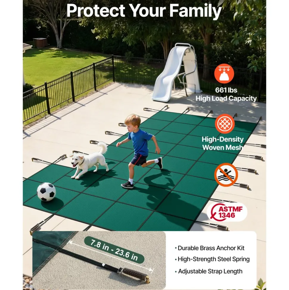 VEVOR Inground Pool Safety Cover, 20 ft x 38 ft Rectangular Winter Pool Cover with Right Step, Triple Stitched, High Strength Mesh PP Material, Good Rain Permeability, Installation Hardware Included