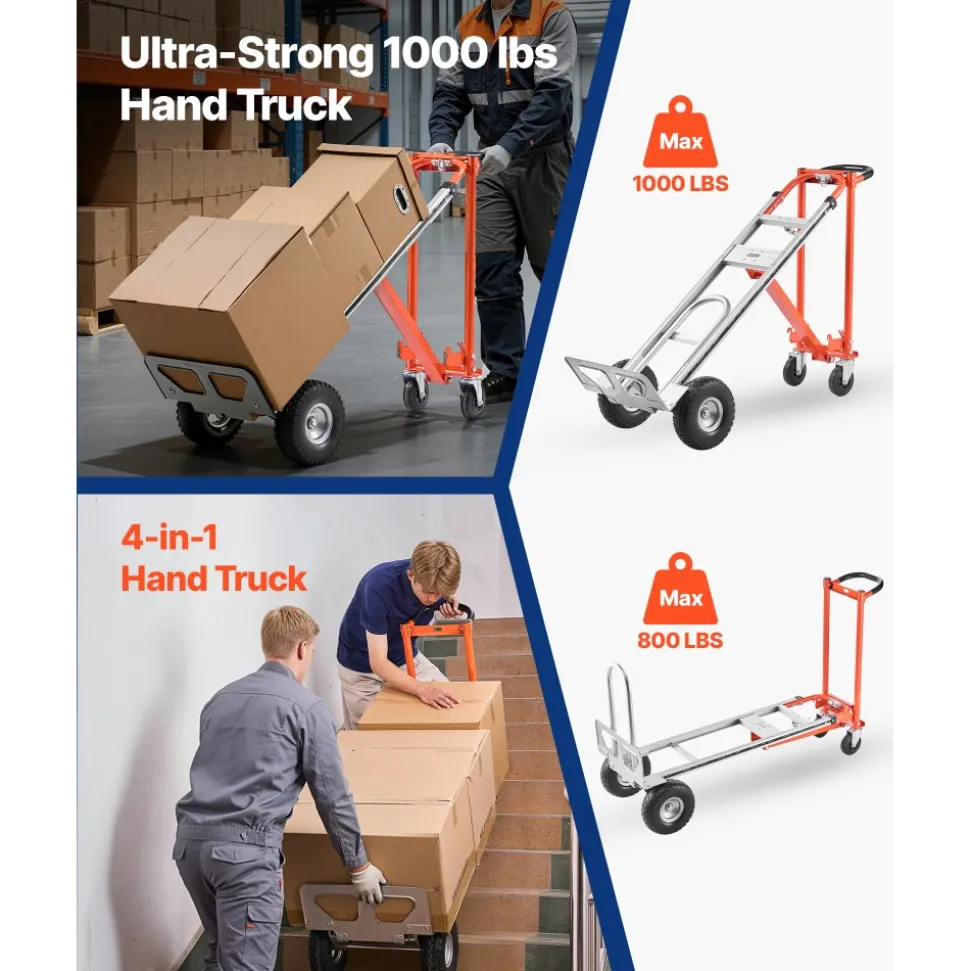 VEVOR 4 in 1 Hand Truck, 1000 lbs Load Capacity for 4-Wheel Mode, Convertible Hand Truck Dolly with Non-Slip Handle & Wheels, Aluminum Alloy Portable Dolly for Moving Home, Office, Warehouse