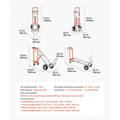VEVOR 4 in 1 Hand Truck, 1000 lbs Load Capacity for 4-Wheel Mode, Convertible Hand Truck Dolly with Non-Slip Handle & Wheels, Aluminum Alloy Portable Dolly for Moving Home, Office, Warehouse