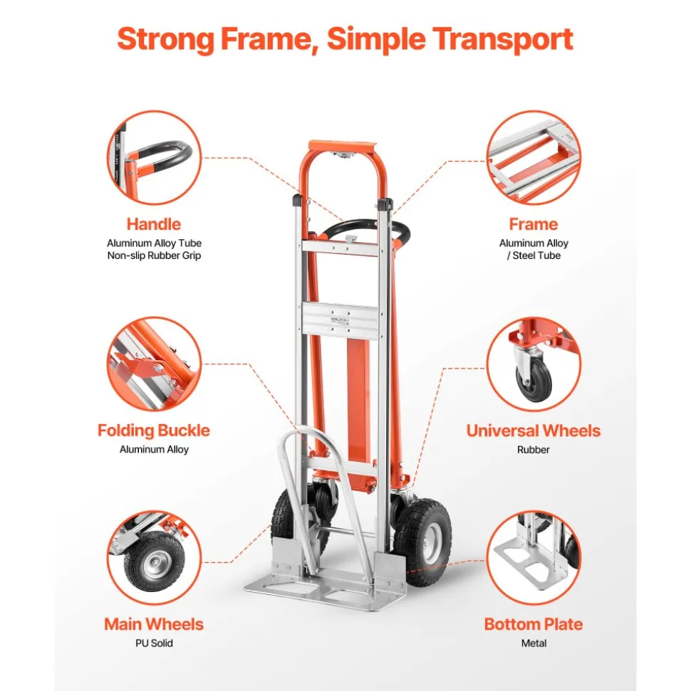 VEVOR 4 in 1 Hand Truck, 1000 lbs Load Capacity for 4-Wheel Mode, Convertible Hand Truck Dolly with Non-Slip Handle & Wheels, Aluminum Alloy Portable Dolly for Moving Home, Office, Warehouse