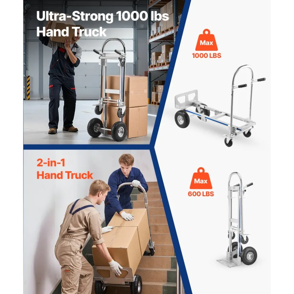 VEVOR 2 in 1 Hand Truck, 1000 lbs Load Capacity for 4-Wheel Mode, Convertible Hand Truck Dolly with Non-Slip Handle & Wheels, Portable Dolly for Moving Home, Office, Warehouse, Supermarket