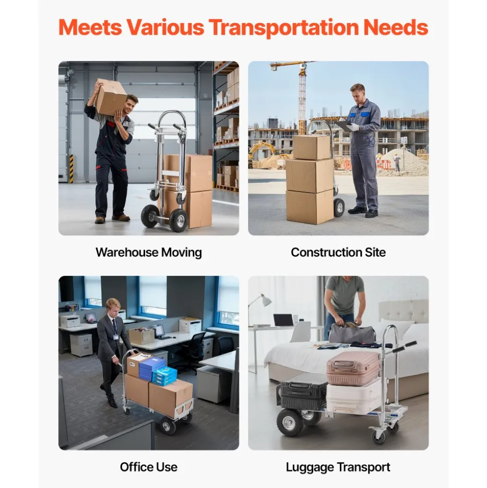 VEVOR 2 in 1 Hand Truck, 1000 lbs Load Capacity for 4-Wheel Mode, Convertible Hand Truck Dolly with Non-Slip Handle & Wheels, Portable Dolly for Moving Home, Office, Warehouse, Supermarket