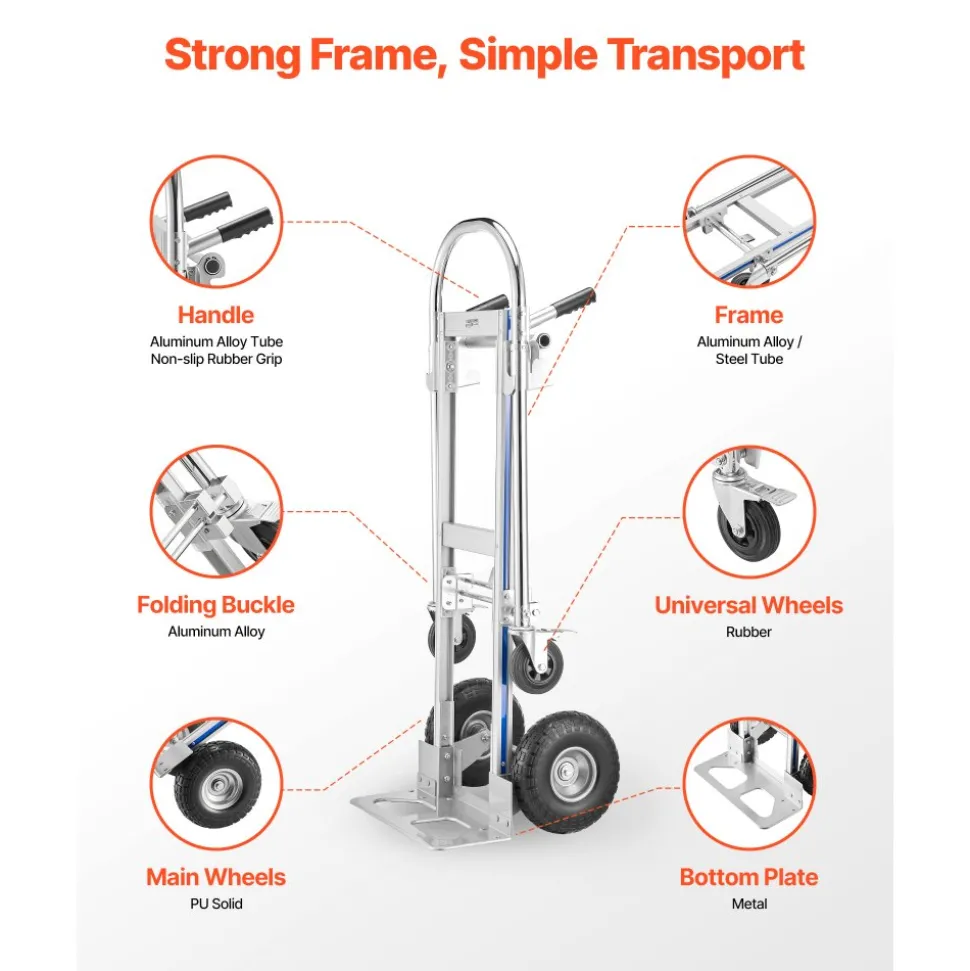 VEVOR 2 in 1 Hand Truck, 1000 lbs Load Capacity for 4-Wheel Mode, Convertible Hand Truck Dolly with Non-Slip Handle & Wheels, Portable Dolly for Moving Home, Office, Warehouse, Supermarket