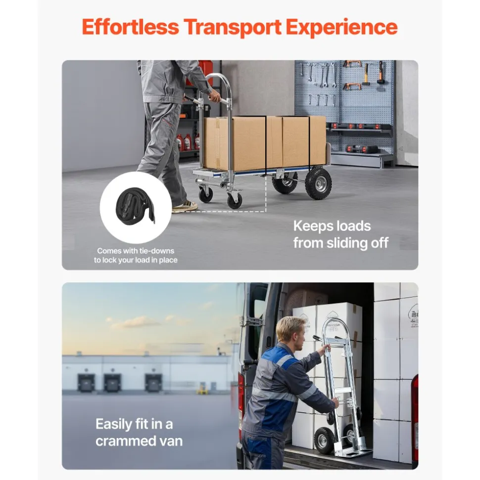 VEVOR 2 in 1 Hand Truck, 1000 lbs Load Capacity for 4-Wheel Mode, Convertible Hand Truck Dolly with Non-Slip Handle & Wheels, Portable Dolly for Moving Home, Office, Warehouse, Supermarket