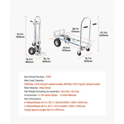 VEVOR 2 in 1 Hand Truck, 1000 lbs Load Capacity for 4-Wheel Mode, Convertible Hand Truck Dolly with Non-Slip Handle & Wheels, Portable Dolly for Moving Home, Office, Warehouse, Supermarket
