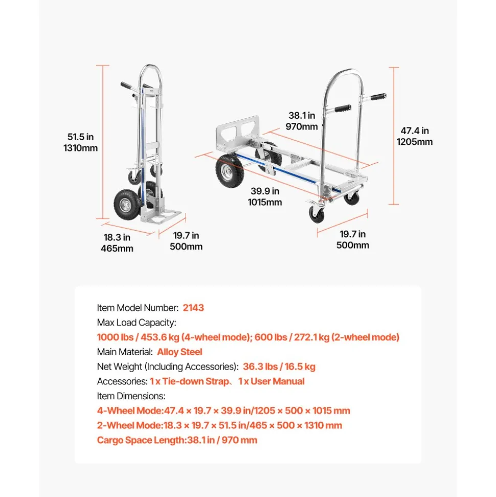 VEVOR 2 in 1 Hand Truck, 1000 lbs Load Capacity for 4-Wheel Mode, Convertible Hand Truck Dolly with Non-Slip Handle & Wheels, Portable Dolly for Moving Home, Office, Warehouse, Supermarket