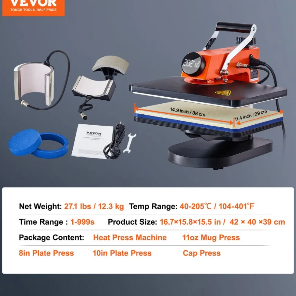 VEVOR 5-in-1 Heat Press Machine, 12" x 15" Fast Heating, 360 Swing Away Digital Sublimation Transfer, T-Shirt Vinyl Transfer Printer for Banners Canvas Bag Shirts Pillow Cups Tested to UL Standards