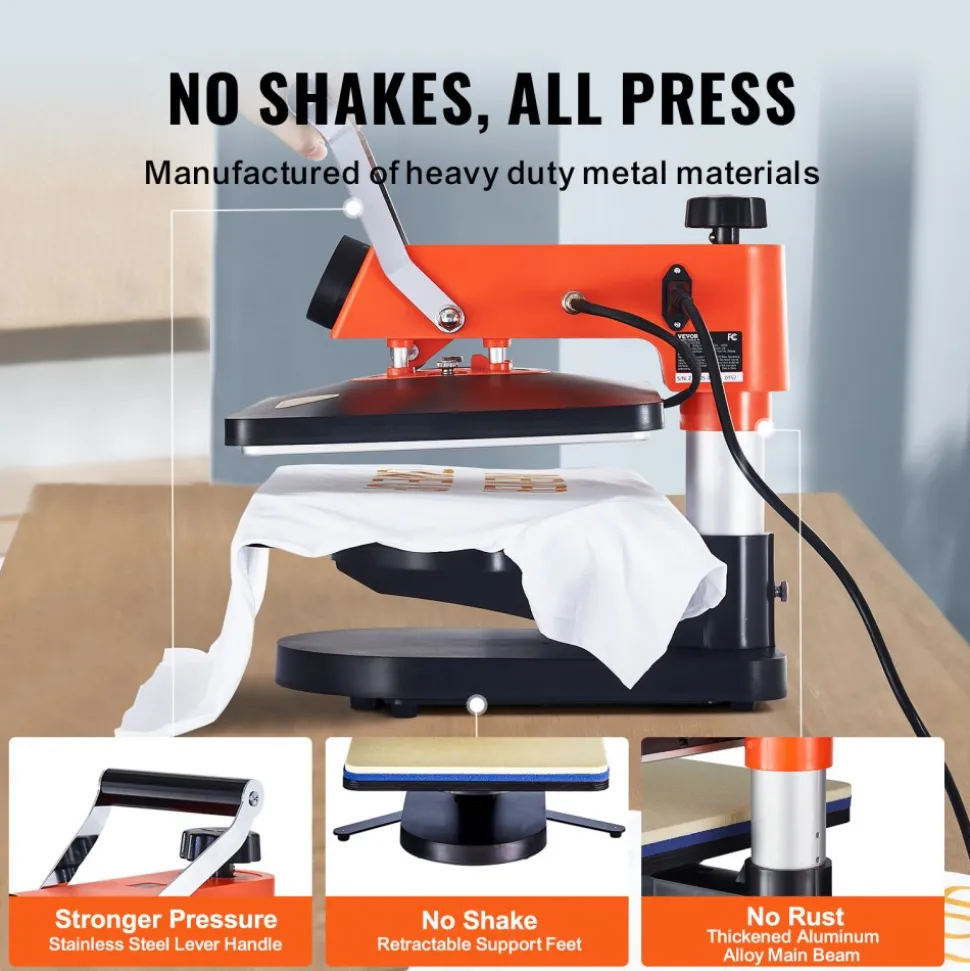VEVOR 5-in-1 Heat Press Machine, 12" x 15" Fast Heating, 360 Swing Away Digital Sublimation Transfer, T-Shirt Vinyl Transfer Printer for Banners Canvas Bag Shirts Pillow Cups Tested to UL Standards