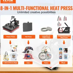 VEVOR 8 in 1 Heat Press Machine 15x15 Inch T-Shirt Pressing Machine 360° Swing Away Professional Sublimation Heat Press for Sublimation, Vinyl, Heat Transfer Projects