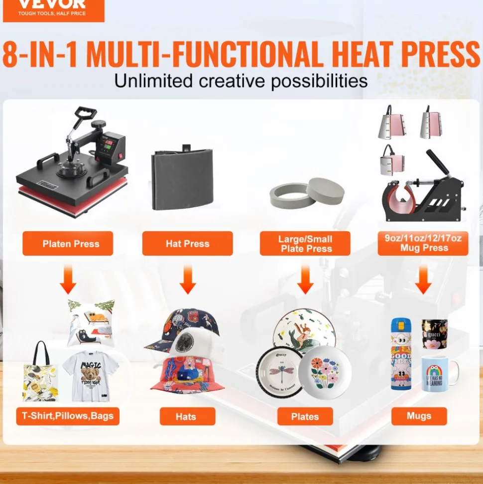 VEVOR 8 in 1 Heat Press Machine 15x15 Inch T-Shirt Pressing Machine 360° Swing Away Professional Sublimation Heat Press for Sublimation, Vinyl, Heat Transfer Projects