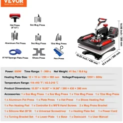 VEVOR 11 in 1 Heat Press, 12 x 15 Inch, Multifunctional Clamshell Printer, Digital Dual-Tube Heat Press Transfer Machine, Swing Away Sublimation Machine for T-Shirt Hat Cap Mug Plate Pen Shoes Black