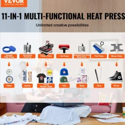 VEVOR 11 in 1 Heat Press, 12 x 15 Inch, Multifunctional Clamshell Printer, Digital Dual-Tube Heat Press Transfer Machine, Swing Away Sublimation Machine for T-Shirt Hat Cap Mug Plate Pen Shoes Black