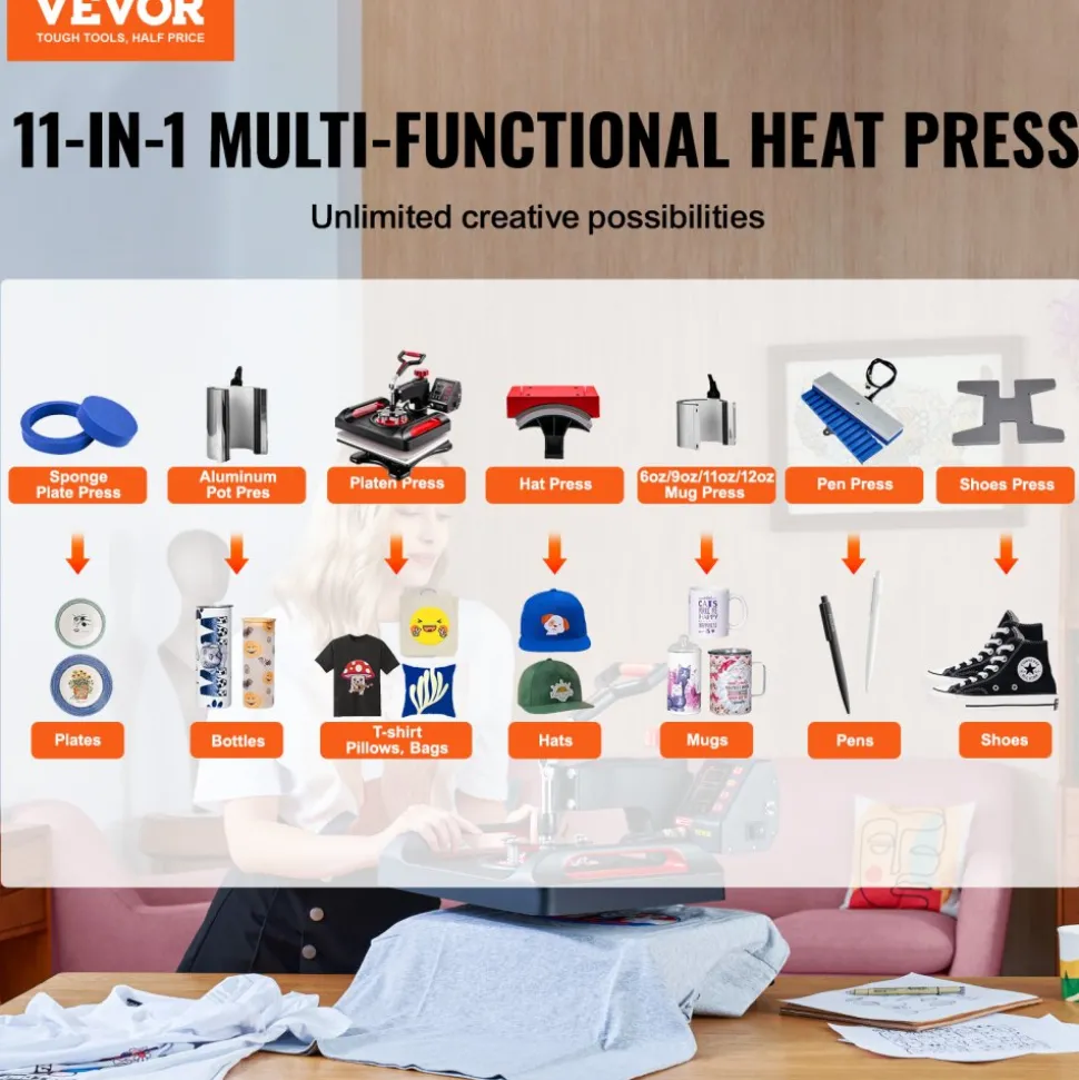 VEVOR 11 in 1 Heat Press, 12 x 15 Inch, Multifunctional Clamshell Printer, Digital Dual-Tube Heat Press Transfer Machine, Swing Away Sublimation Machine for T-Shirt Hat Cap Mug Plate Pen Shoes Black