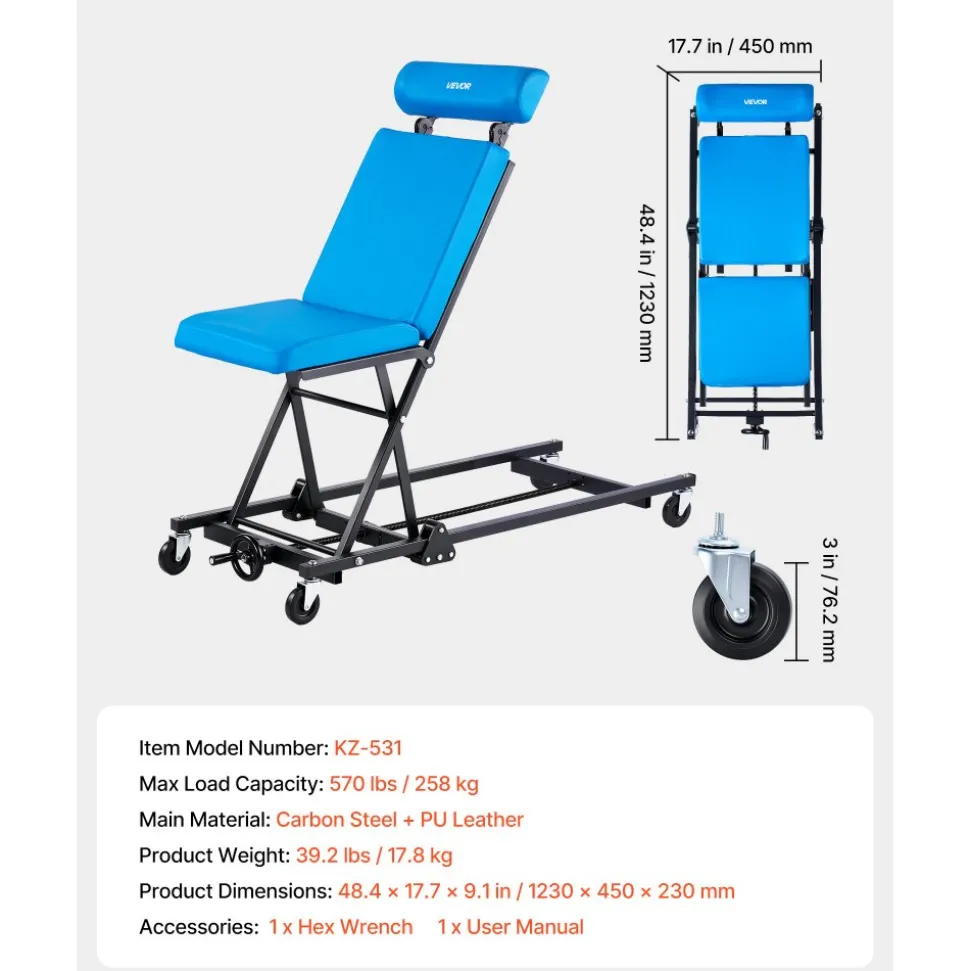 VEVOR 48 in Height Adjustable Mechanic Creeper, 570 lbs Under Car Rolling Garage Creeper Seat with Adjustable Backrest & Headrest, Padded Shop Chair for Auto & Aircraft Repair