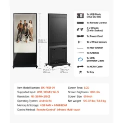 VEVOR 65 in Indoor Digital Signage 4K Floor Stand Advertising Display Kiosk, WiFi HDMI/USB Input Android OS, 178° Wide View, LCD Touchscreen Interactive Monitor, Mobile Commercial Totem Poster