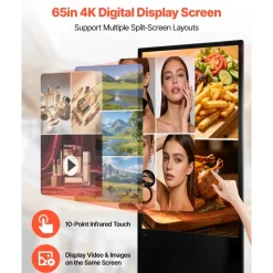 VEVOR 65 in Indoor Digital Signage 4K Floor Stand Advertising Display Kiosk, WiFi HDMI/USB Input Android OS, 178° Wide View, LCD Touchscreen Interactive Monitor, Mobile Commercial Totem Poster
