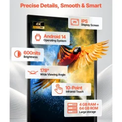 VEVOR 65 in Indoor Digital Signage 4K Floor Stand Advertising Display Kiosk, WiFi HDMI/USB Input Android OS, 178° Wide View, LCD Touchscreen Interactive Monitor, Mobile Commercial Totem Poster