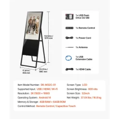VEVOR 32 in Indoor Digital Signage Floor Standing Advertising Display Kiosk, WiFi HDMI/USB Input Android OS, 178° Wide View, LCD Touchscreen Interactive Monitor, Commercial Totem Vertical Poster