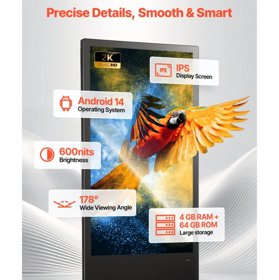 VEVOR 43 in Indoor Digital Signage Floor Standing Advertising Display Kiosk, with WiFi HDMI/USB Input Android OS, 178° Wide View, LCD Screen Interactive Monitor, Mobile Commercial Totem Poster
