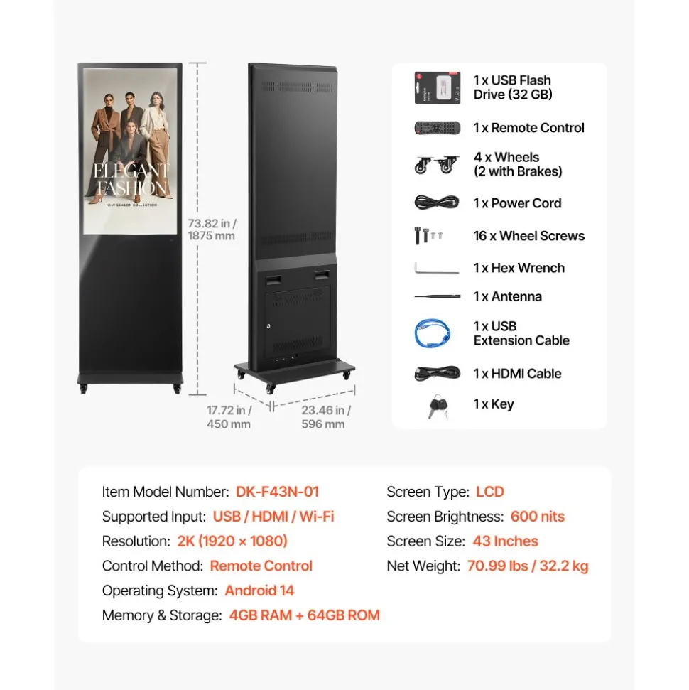 VEVOR 43 in Indoor Digital Signage Floor Standing Advertising Display Kiosk, with WiFi HDMI/USB Input Android OS, 178° Wide View, LCD Screen Interactive Monitor, Mobile Commercial Totem Poster