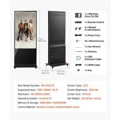 VEVOR 55 in Indoor Digital Signage 4K Floor Stand Advertising Display Kiosk, WiFi HDMI/USB Input Android OS, 178° Wide View, LCD Touchscreen Interactive Monitor, Mobile Commercial Totem Poster