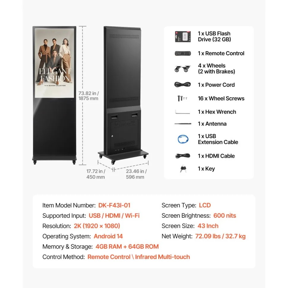 VEVOR 43 in Indoor Digital Signage Floor Standing Advertising Display Kiosk, WiFi HDMI/USB Input Android OS, 178° Wide View, LCD Touchscreen Interactive Monitor, Mobile Commercial Totem Poster
