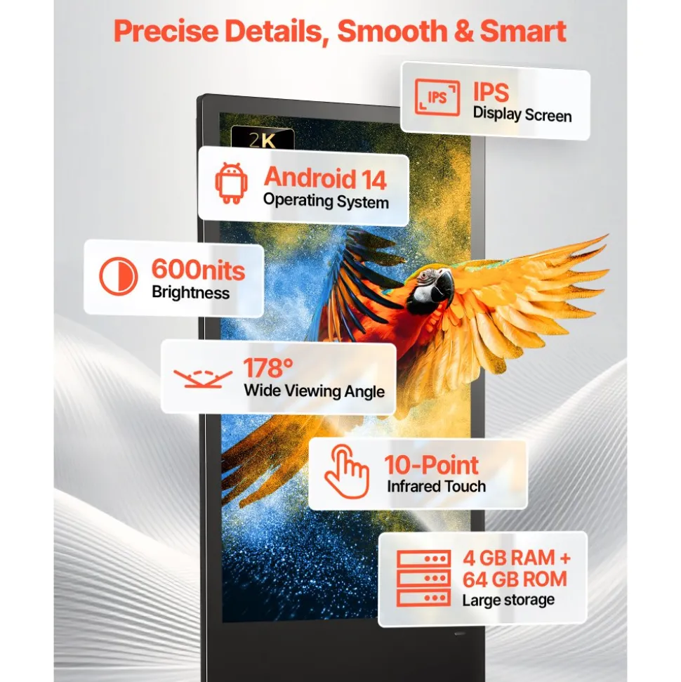 VEVOR 43 in Indoor Digital Signage Floor Standing Advertising Display Kiosk, WiFi HDMI/USB Input Android OS, 178° Wide View, LCD Touchscreen Interactive Monitor, Mobile Commercial Totem Poster