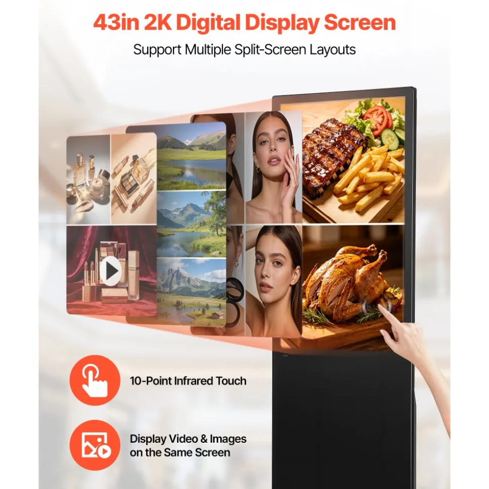 VEVOR 43 in Indoor Digital Signage Floor Standing Advertising Display Kiosk, WiFi HDMI/USB Input Android OS, 178° Wide View, LCD Touchscreen Interactive Monitor, Mobile Commercial Totem Poster