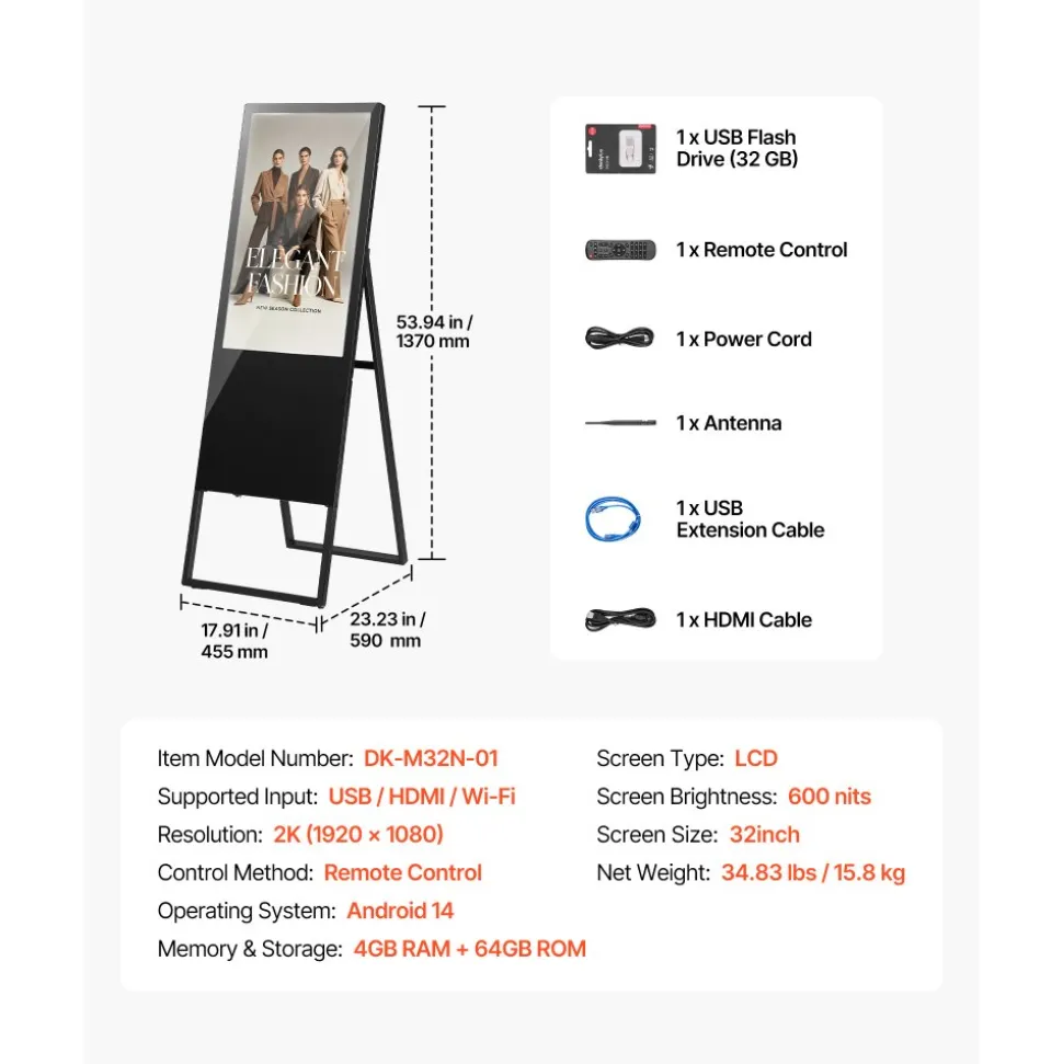 VEVOR 32 in Indoor Digital Signage Floor Standing Advertising Display Kiosk, with WiFi HDMI/USB Input Android OS, 178° Wide View, LCD Screen Interactive Monitor, Commercial Totem Vertical Poster