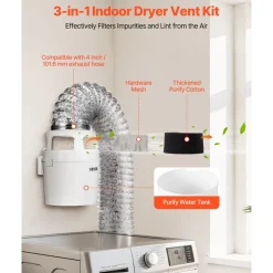 VEVOR 3-in-1 Indoor Dryer Vent Kit, with Bucket for Electric Dryer with 4-Inch by 5-Feet Extendable Exhaust Hose, Premium Quality & Light Weight & No Extra Accessories Required for Apartments, RVs