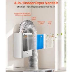VEVOR 3-in-1 Indoor Dryer Vent Kit,Premium ABS Material Fits 4 inch Exhaust Port, Smart Overheating Reminder Exhaust Hood & Easy-to-Detach Mesh Cap & Multi-layer Purification with 4 Replacement Pads