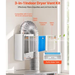 VEVOR 3-in-1 Indoor Dryer Vent Kit,Premium ABS Material with Water Drawer Fits 4 inch Exhaust Port, Smart Overheating Reminder Exhaust Hood & with 4 Purification Pads,For Electric Clothes Dryers