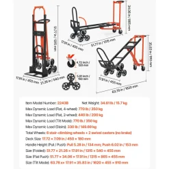 VEVOR 3 in 1 Industrial Convertible Stair Climbing Cart, 770 lbs Max Load, Folding Hand Truck Dolly with Handle & Wheels, Stair Climbing Utility Trolley for Transport & Moving, Orange & Silver