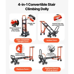 VEVOR 3 in 1 Industrial Convertible Stair Climbing Cart, 770 lbs Max Load, Folding Hand Truck Dolly with Handle & Wheels, Stair Climbing Utility Trolley for Transport & Moving, Orange & Silver