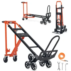 VEVOR 3 in 1 Industrial Convertible Stair Climbing Cart, 770 lbs Max Load, Folding Hand Truck Dolly with Handle & Wheels, Stair Climbing Utility Trolley for Transport & Moving, Orange & Silver