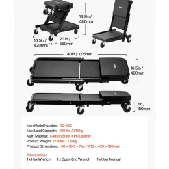 VEVOR 36 in 3-in-1 Folding Mechanic Creeper, Z-Creeper Garage Roller, 340 lbs Under Car Rolling Creeper with 6 Swivel Casters, Padded Headrest, Lay Down or Sit for Auto Repair