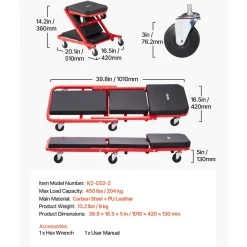 VEVOR 40 in 2-in-1 Folding Mechanic Creeper, Z Creeper Seat & Under Car Garage Roller, 450 lbs Rolling Creeper Stool with 6 Swivel Casters, Padded Headrest for Auto Repair