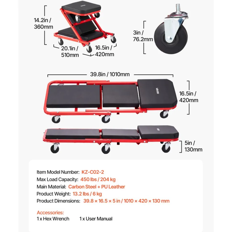 VEVOR 40 in 2-in-1 Folding Mechanic Creeper, Z Creeper Seat & Under Car Garage Roller, 450 lbs Rolling Creeper Stool with 6 Swivel Casters, Padded Headrest for Auto Repair