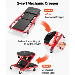 VEVOR 40 in 2-in-1 Folding Mechanic Creeper, Z Creeper Seat & Under Car Garage Roller, 450 lbs Rolling Creeper Stool with 6 Swivel Casters, Padded Headrest for Auto Repair