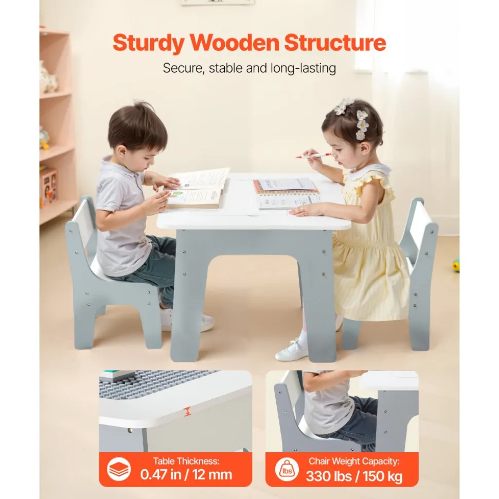 VEVOR 4 in 1 Kid Activity Table and 2 Chairs Set, Graffiti & Building Blocks Double-Sided Tabletop, Toddler Play Table with Storage for Kids 3+ Years, Large Storage Space, Gift for Boys & Girls, White